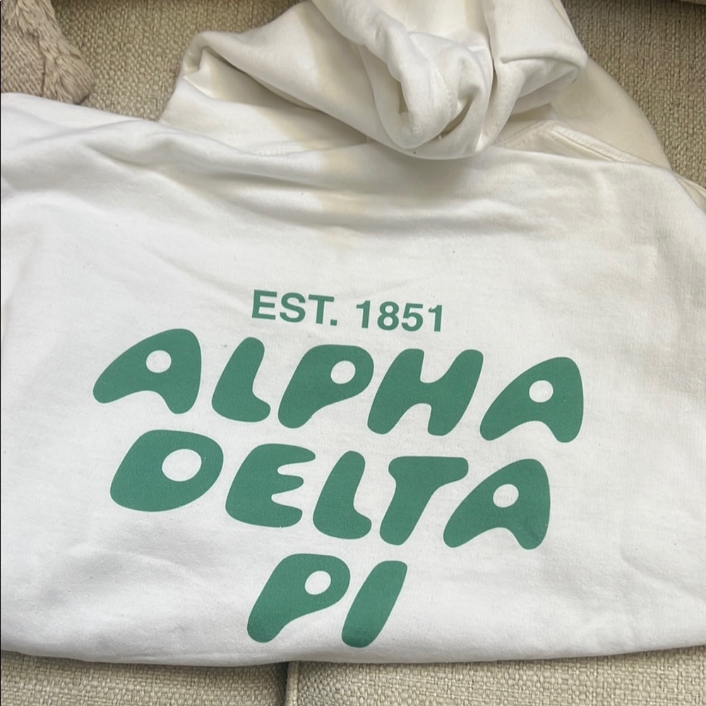 White Hoodie with Green Alpha Delta Pi Print.  Never worn.